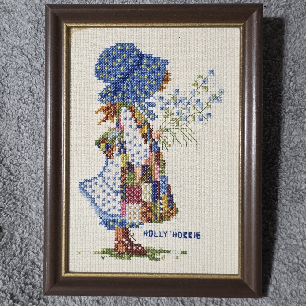Vintage Holly Hobbie Framed Cross Stitch Wall Art 8x6
